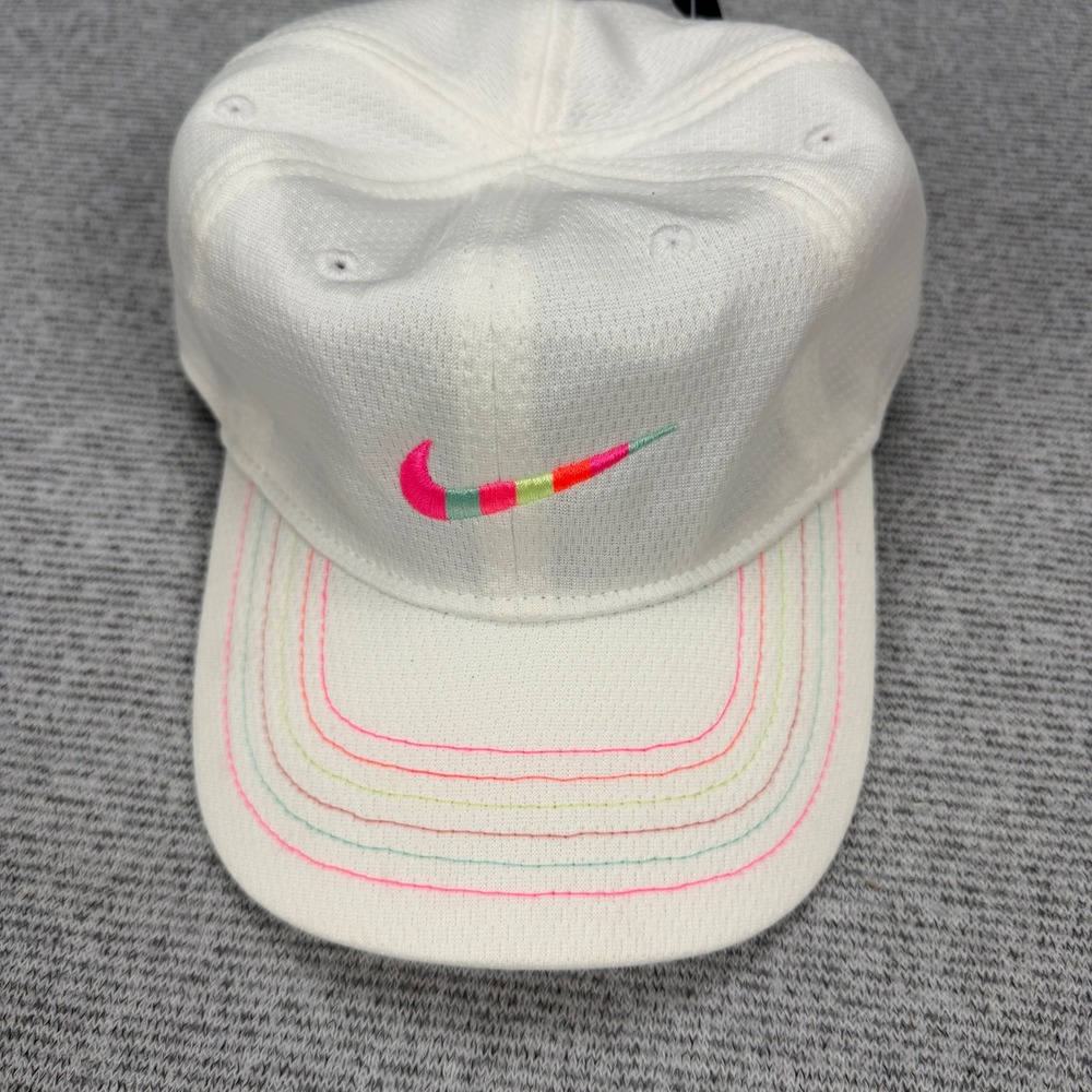 Nike Dri-FIT Toddler White Baseball Hat Multi Color Swoosh Rainbow Stitch - Picture 9 of 11